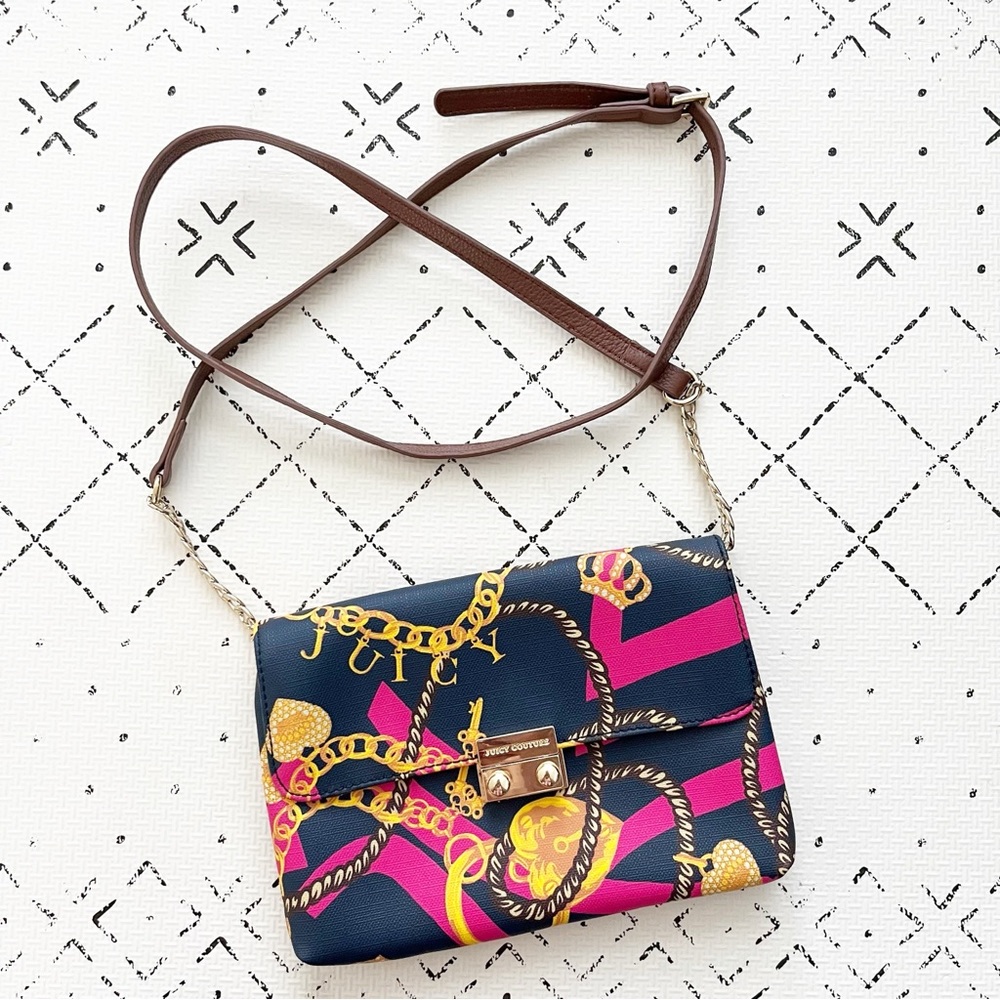 Juicy Couture navy pink and gold charm bracelet print crossbody purse